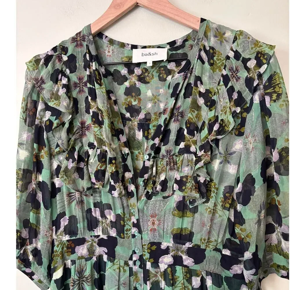BA&SH Floral Hooper Maxi Dress Size 3 (Large) Green Watercolor Boho Cottagecore - Picture 4 of 11
